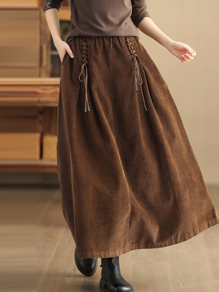 Plus Size Women Autumn Retro Strap Corduroy A-Shape Skirt
