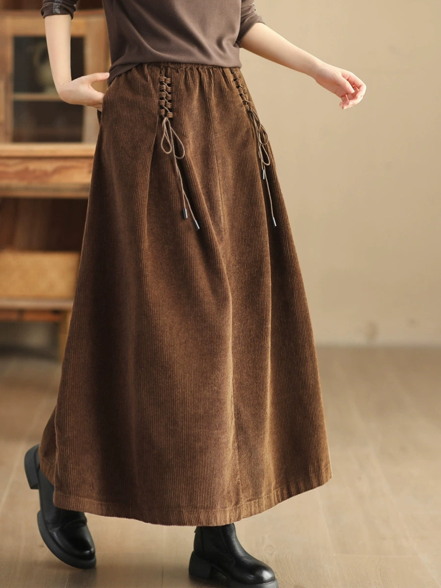 Plus Size Women Autumn Retro Strap Corduroy A-Shape Skirt