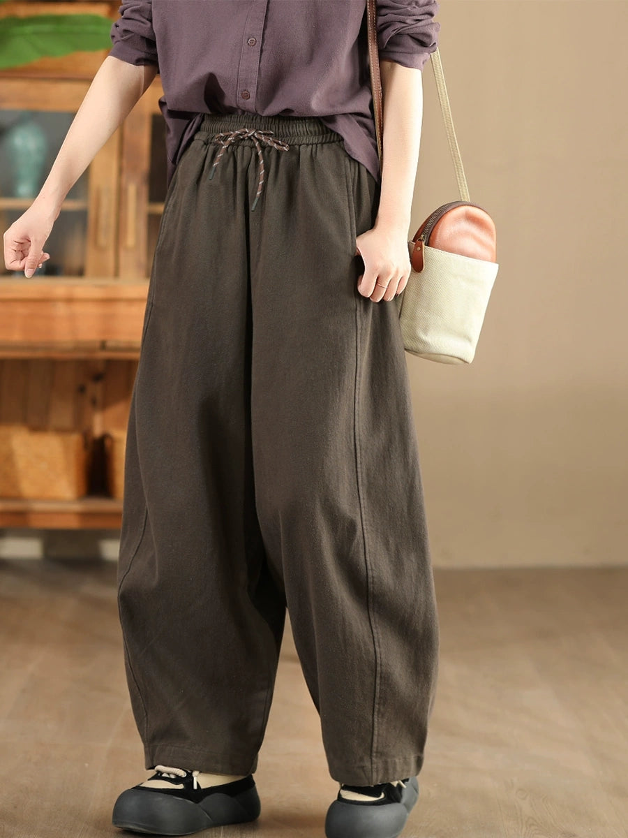 Women Casual Pure Color 100%Cotton Straight Pants