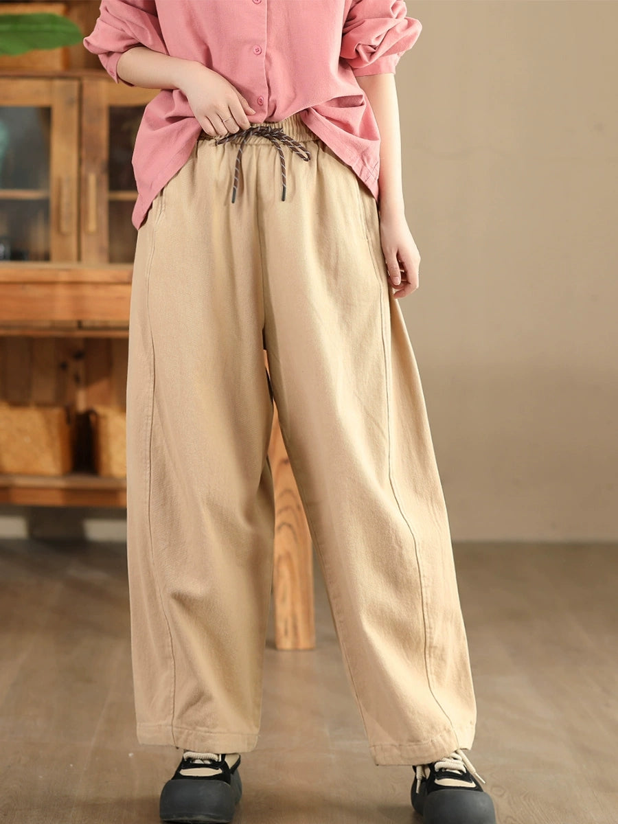 Women Casual Pure Color 100%Cotton Straight Pants