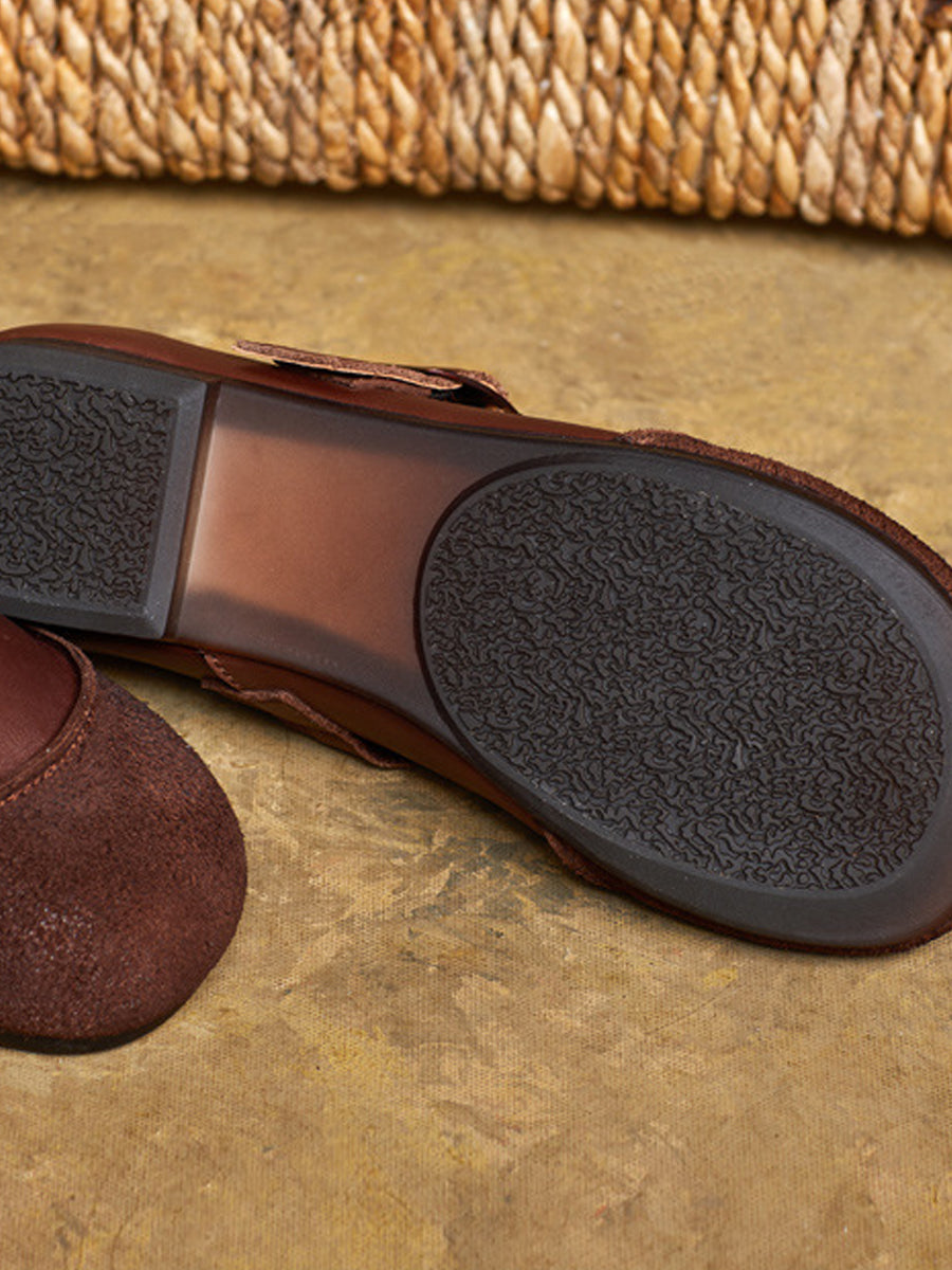 Women Summer Vintage Leather Spliced Low Heel Shoes