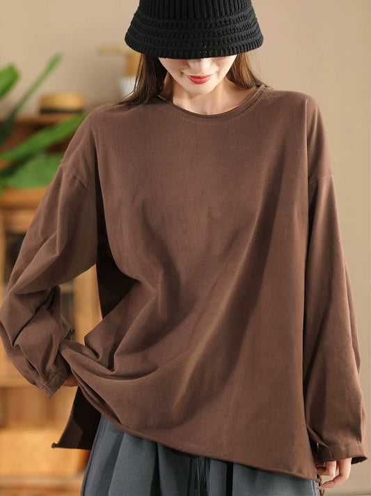 Women Autumn Vintage Pure Color O-Neck 100%Cotton Shirt