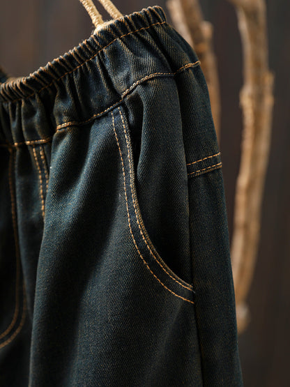 Women Autumn Retro Emrboidery Denim Harem Pants