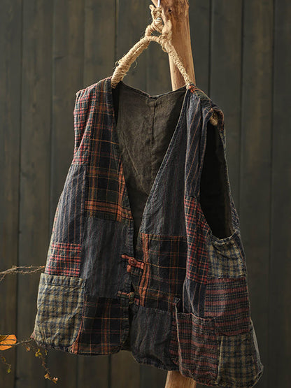 Women Autumn Retro Patchwork V-Neck Cotton Vest