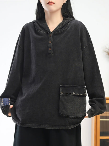 Women Autumn Casual Pure Color 100%Cotton Hoodie