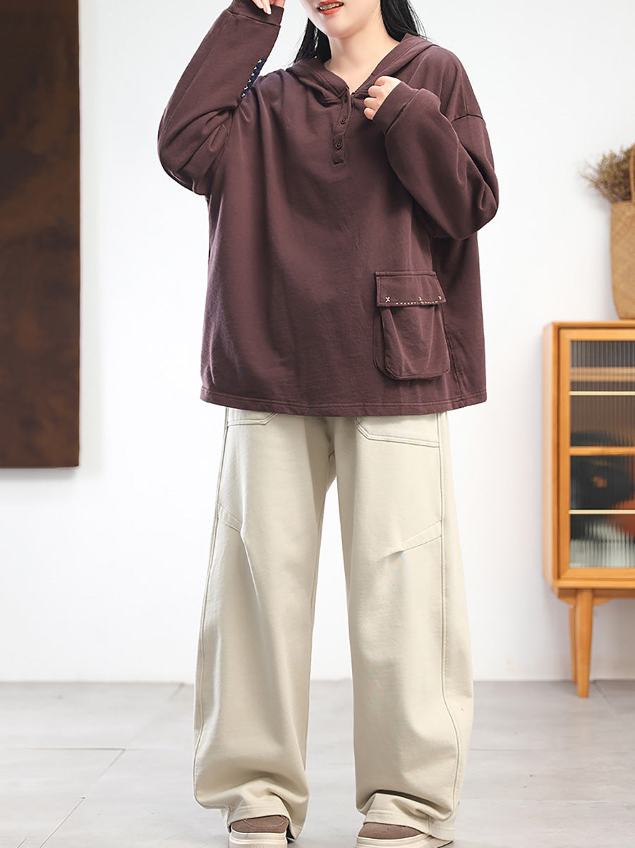 Women Autumn Casual Pure Color 100%Cotton Hoodie