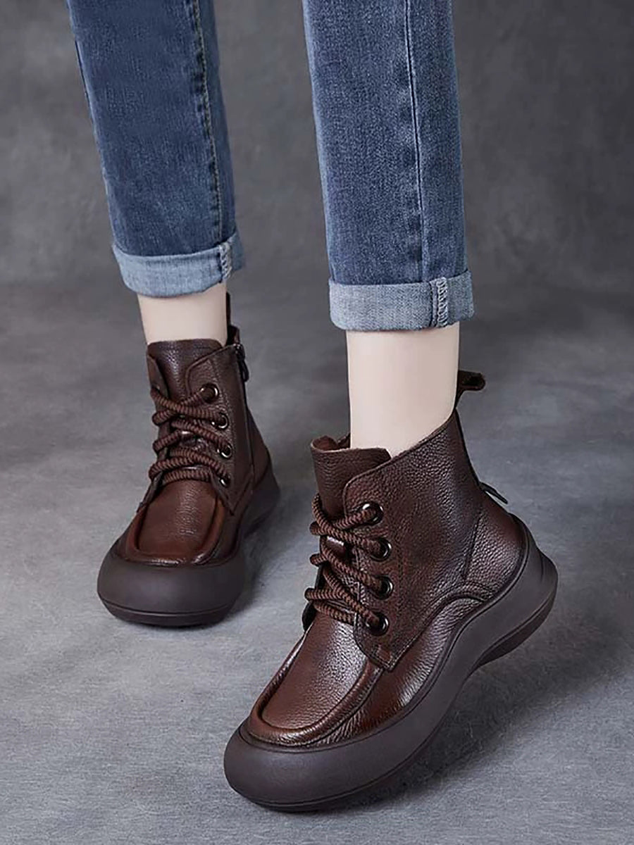 Women Vintage Genuine Leather Spliced Platform Boots
