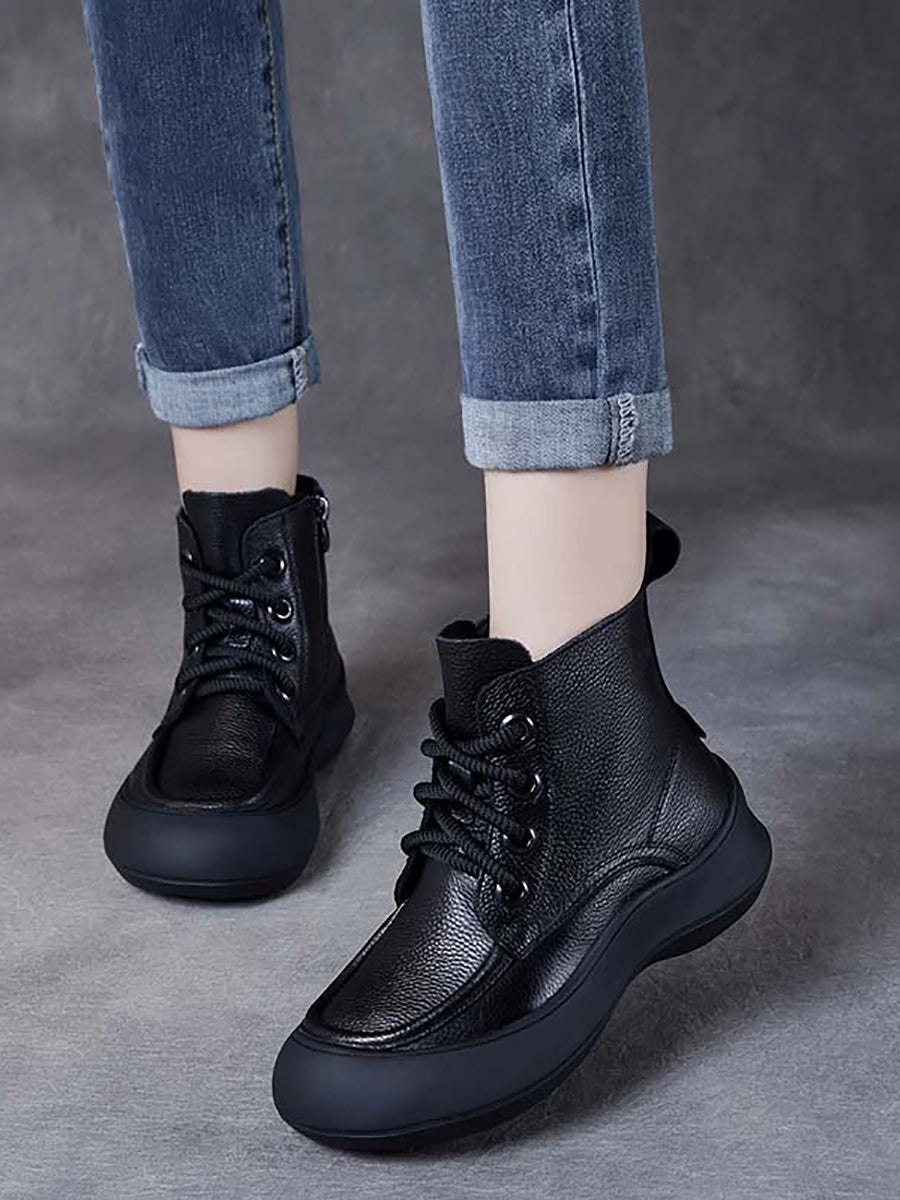 Women Vintage Genuine Leather Spliced Platform Boots
