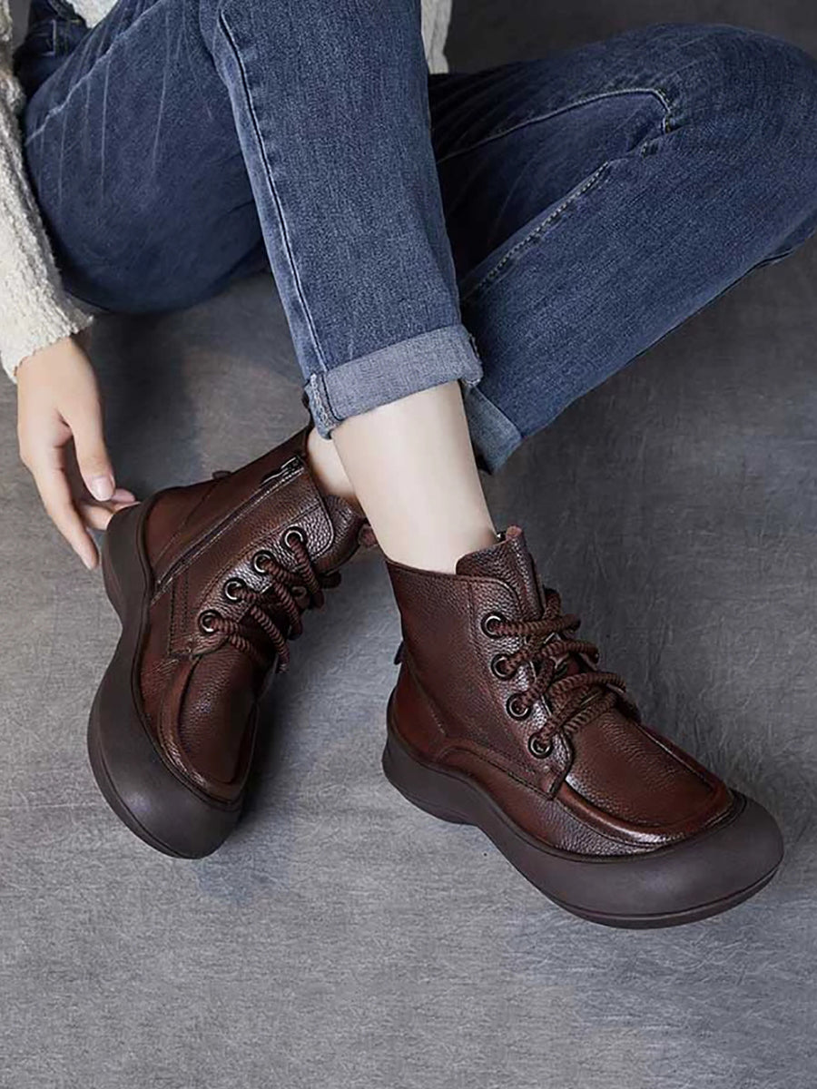 Women Vintage Genuine Leather Spliced Platform Boots