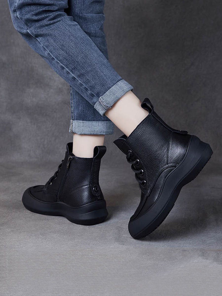 Women Vintage Genuine Leather Spliced Platform Boots