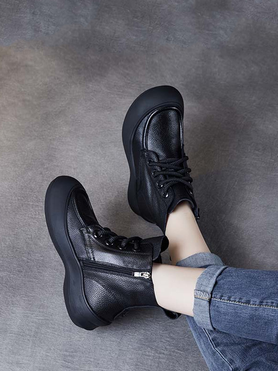 Women Vintage Genuine Leather Spliced Platform Boots