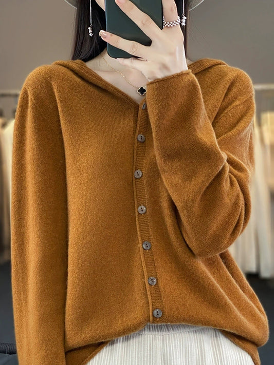 Women Autumn Casual Knitted Wool Hooded Sweater Coat