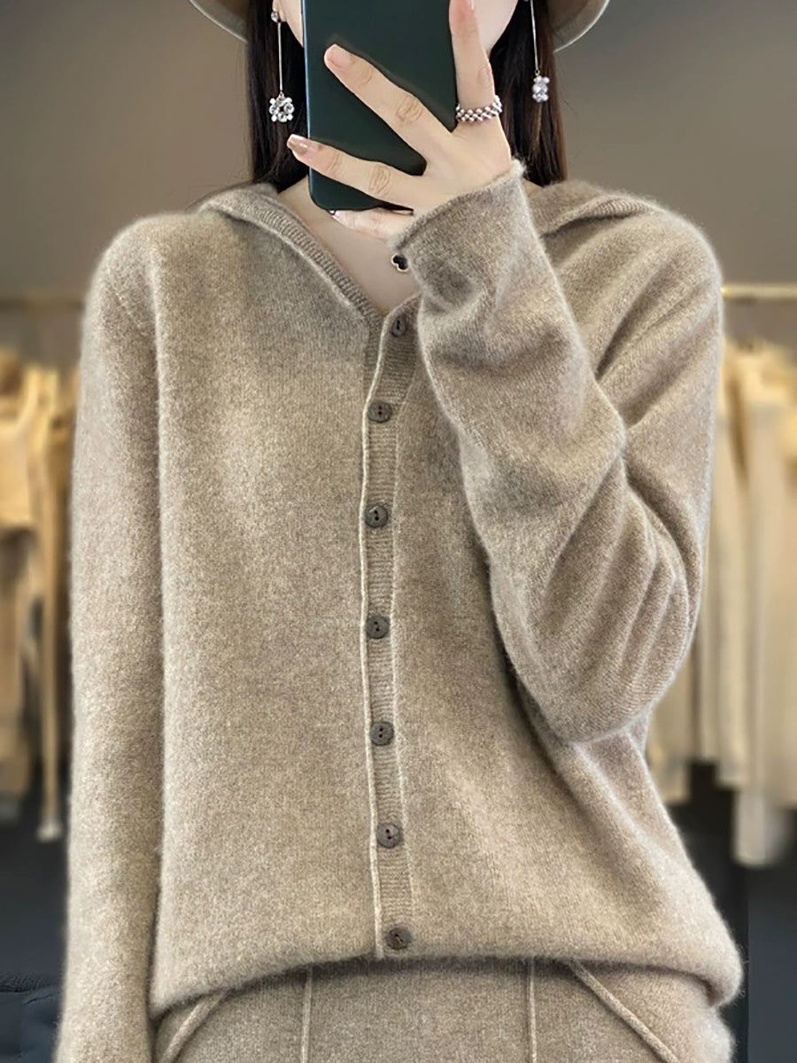 Women Autumn Casual Knitted Wool Hooded Sweater Coat