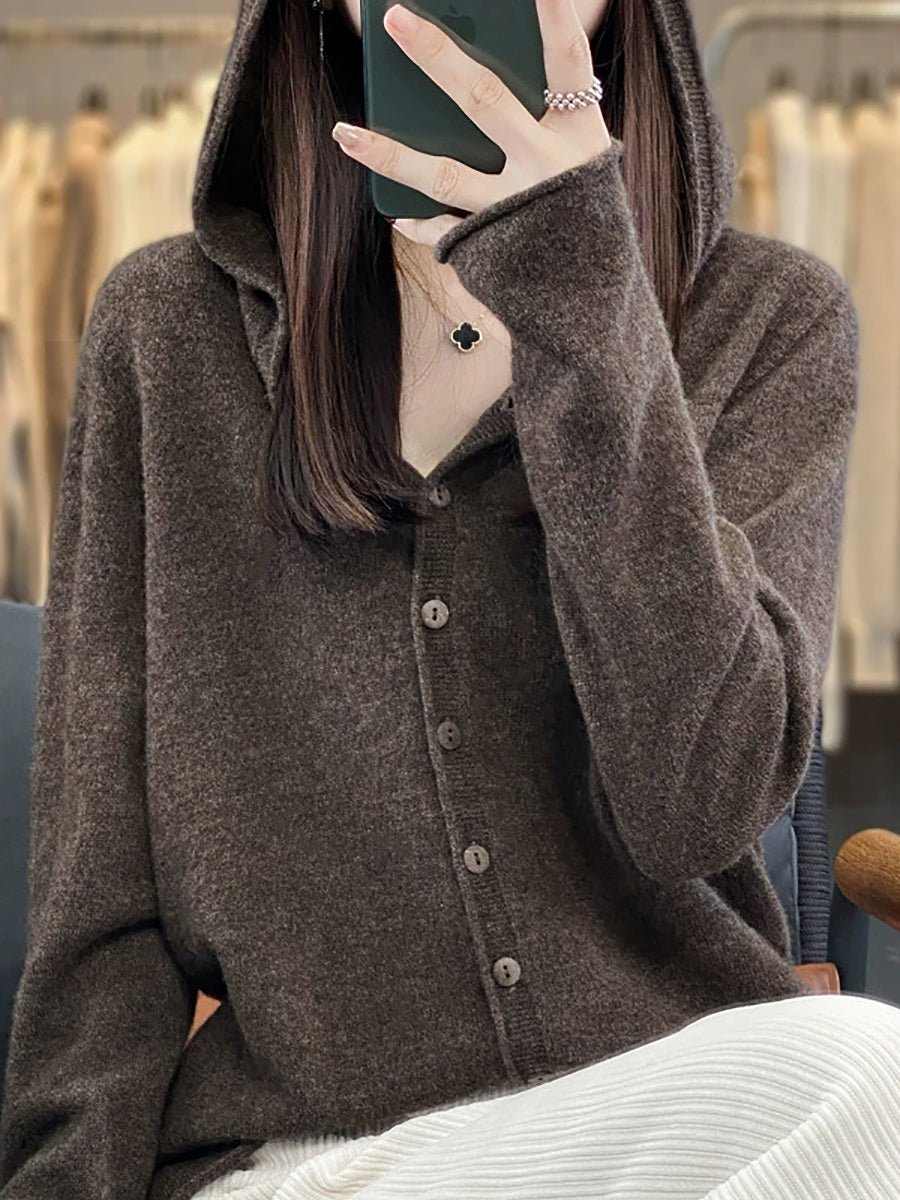 Women Autumn Casual Knitted Wool Hooded Sweater Coat