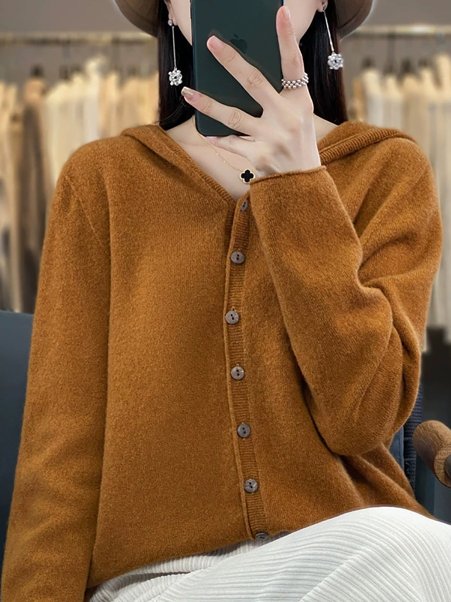 Women Autumn Casual Knitted Wool Hooded Sweater Coat