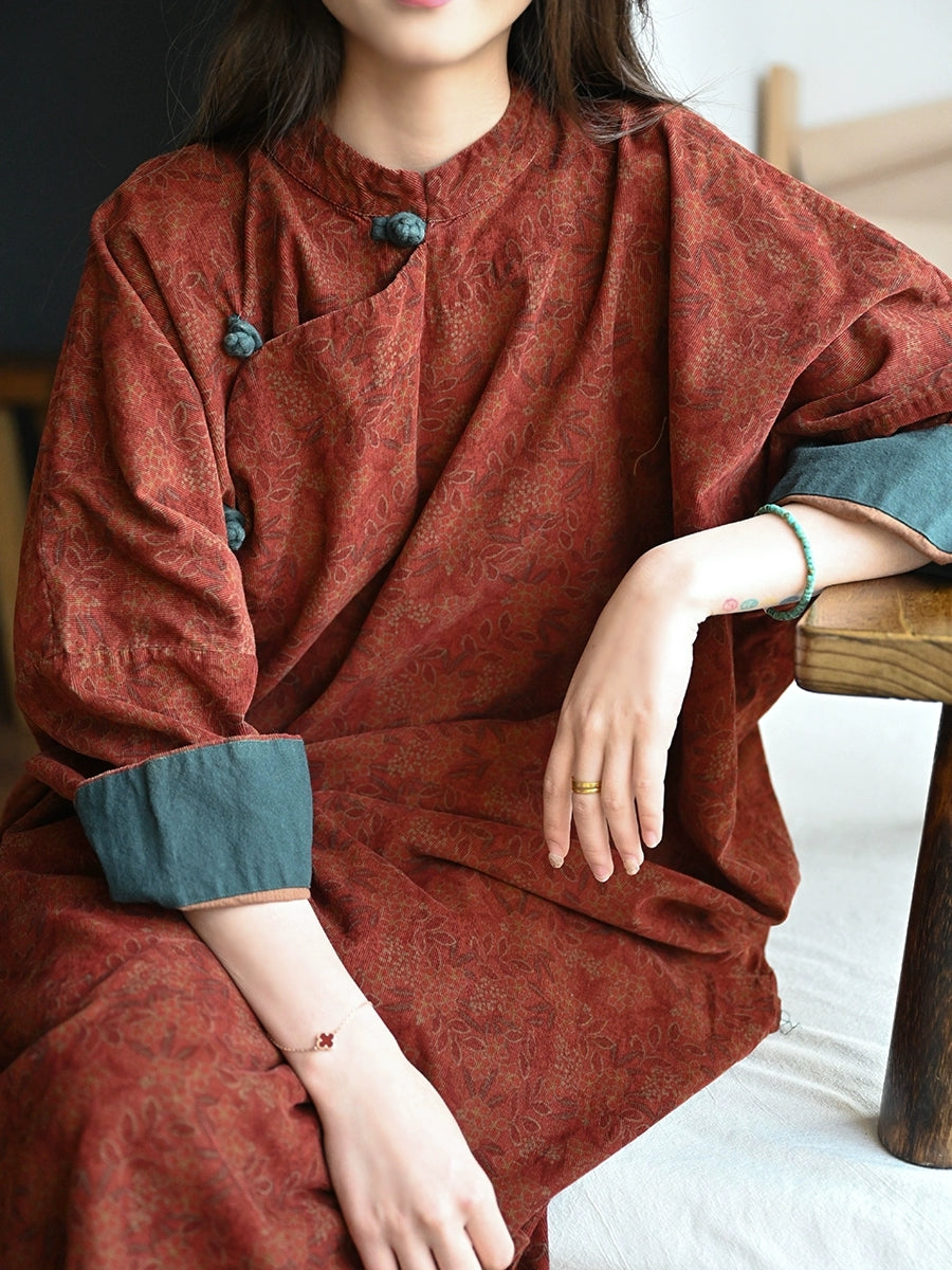 Women Autumn Ethnic Flower Stand Collar 100%Cotton Robe Dress
