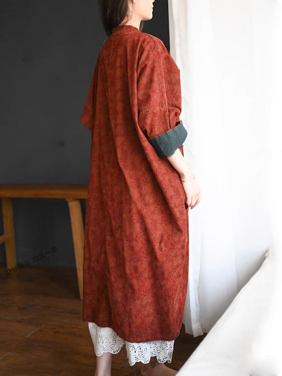 Women Autumn Ethnic Flower Stand Collar 100%Cotton Robe Dress