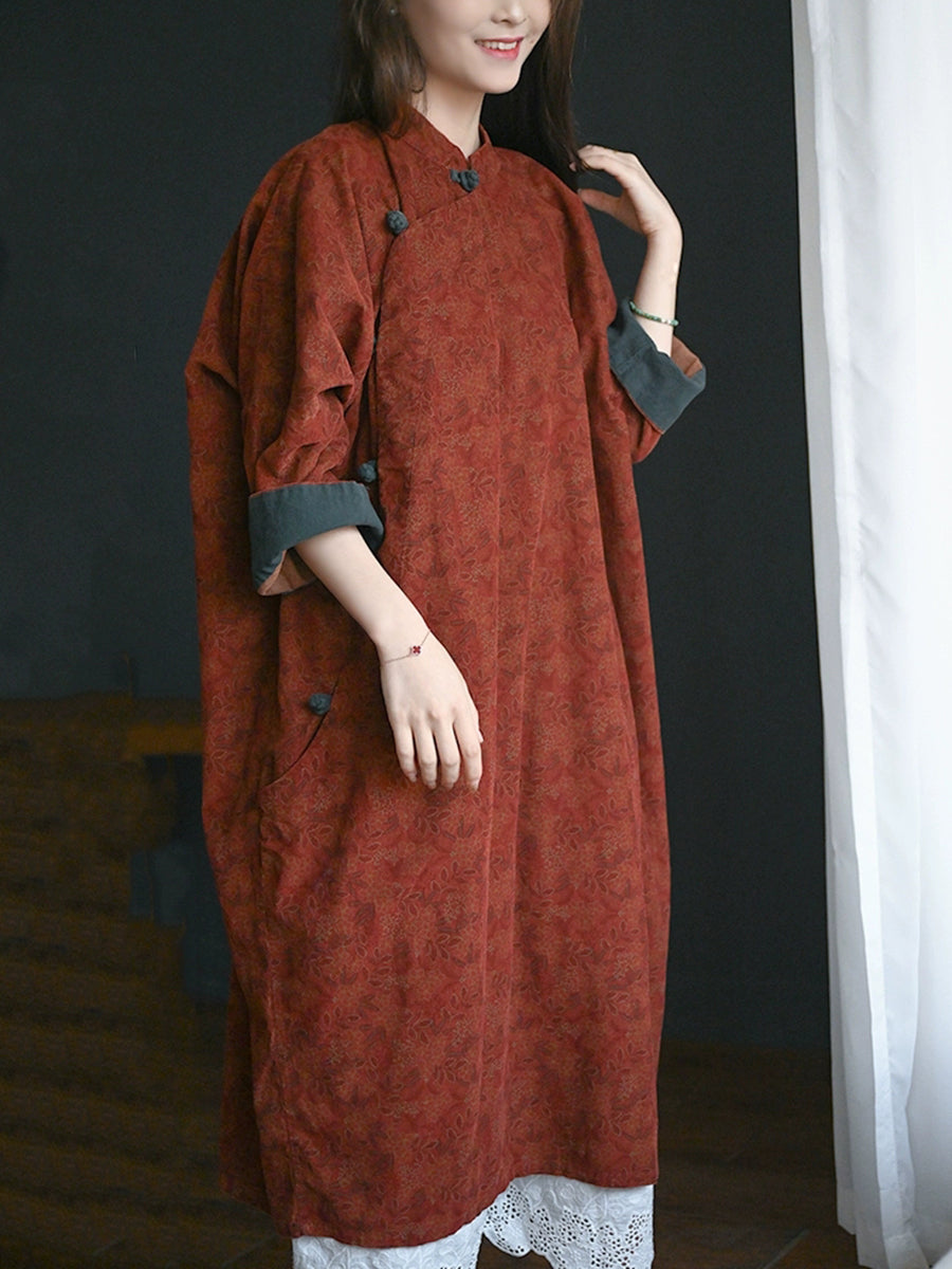 Women Autumn Ethnic Flower Stand Collar 100%Cotton Robe Dress