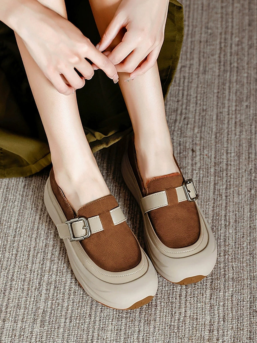 Women Autumn Colorblock Leather Flat Shoes