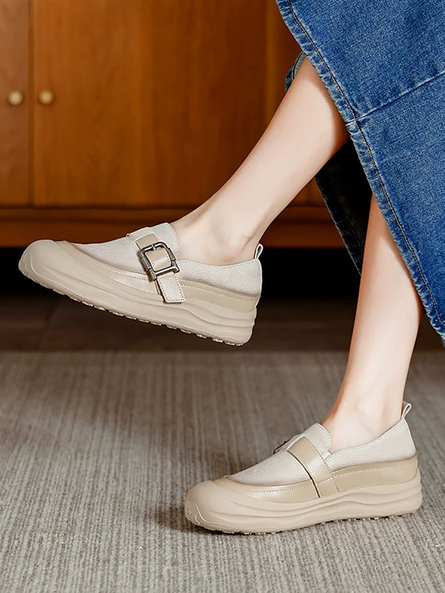 Women Autumn Colorblock Leather Flat Shoes