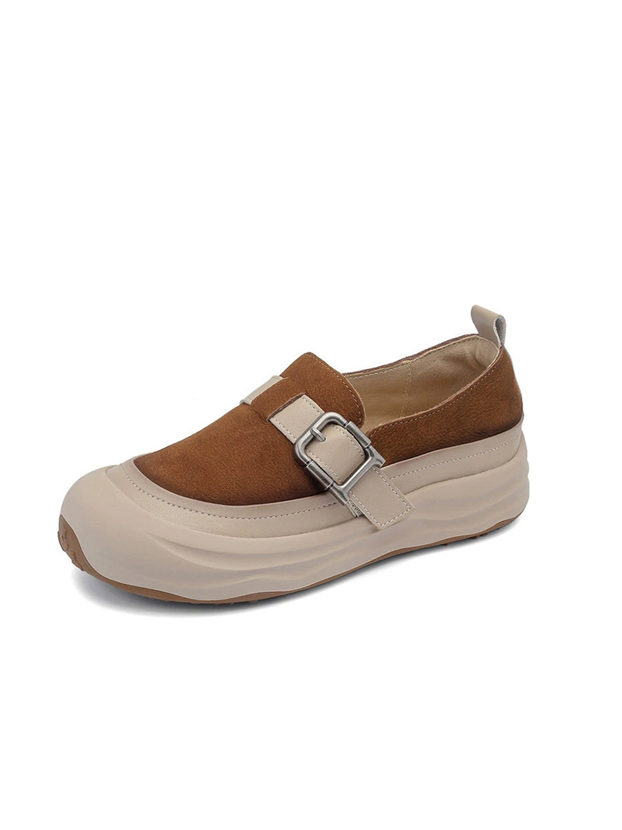 Women Autumn Colorblock Leather Flat Shoes