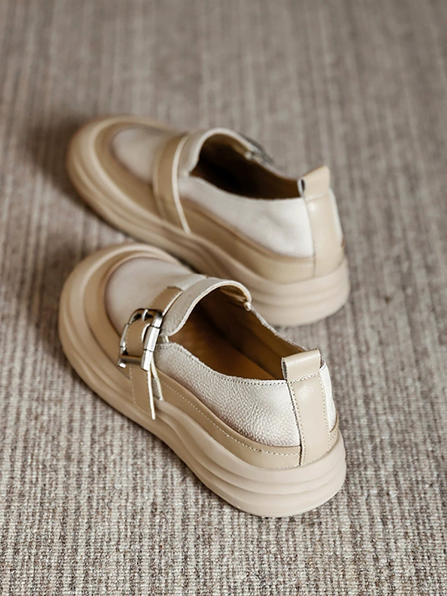 Women Autumn Colorblock Leather Flat Shoes