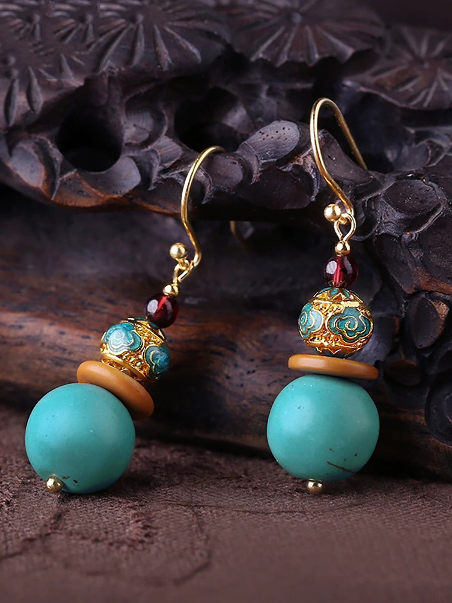 Women Turquoise Cloisonne S925Silver Plated Glod Earrings