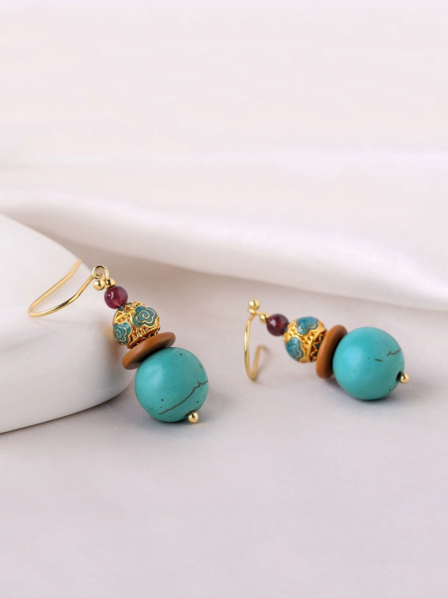Women Turquoise Cloisonne S925Silver Plated Glod Earrings
