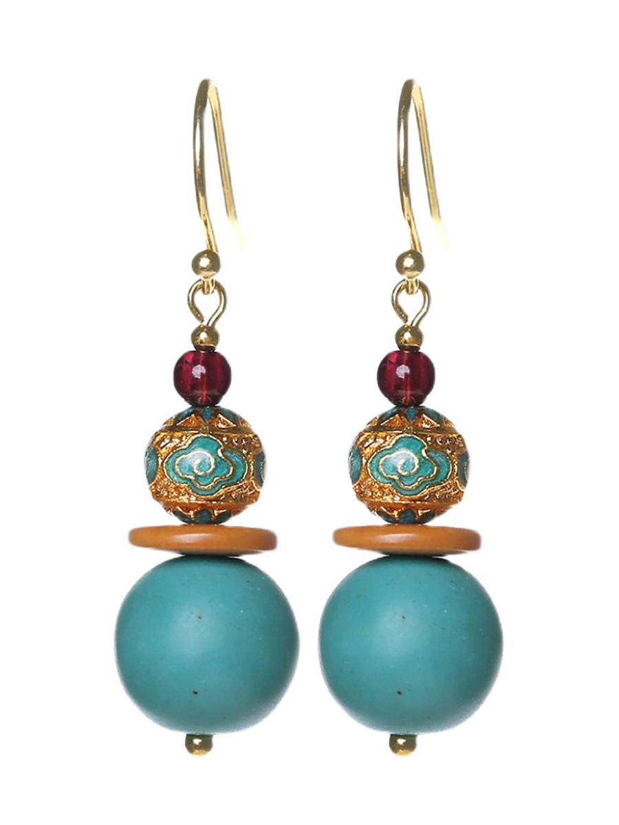 Women Turquoise Cloisonne S925Silver Plated Glod Earrings