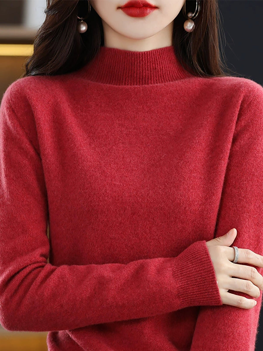 Women Autumn Casual Knitted Wool Half-Turtleneck Sweater