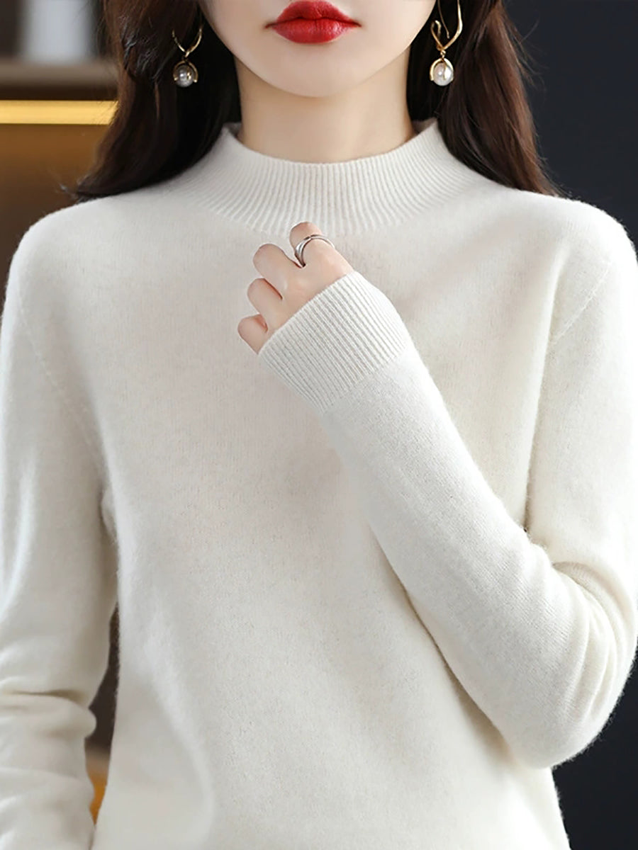 Women Autumn Casual Knitted Wool Half-Turtleneck Sweater