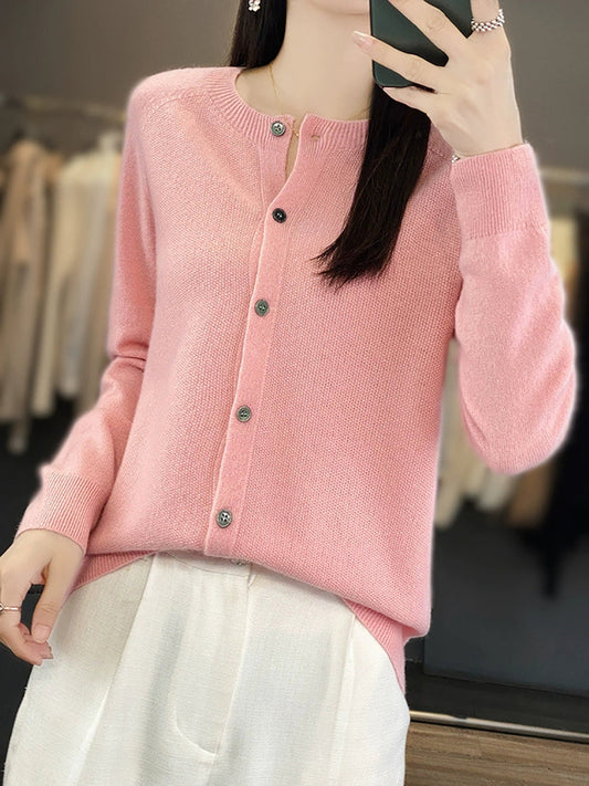 Women Autumn Casual O-Neck Knitted Wool Cardigan Sweater