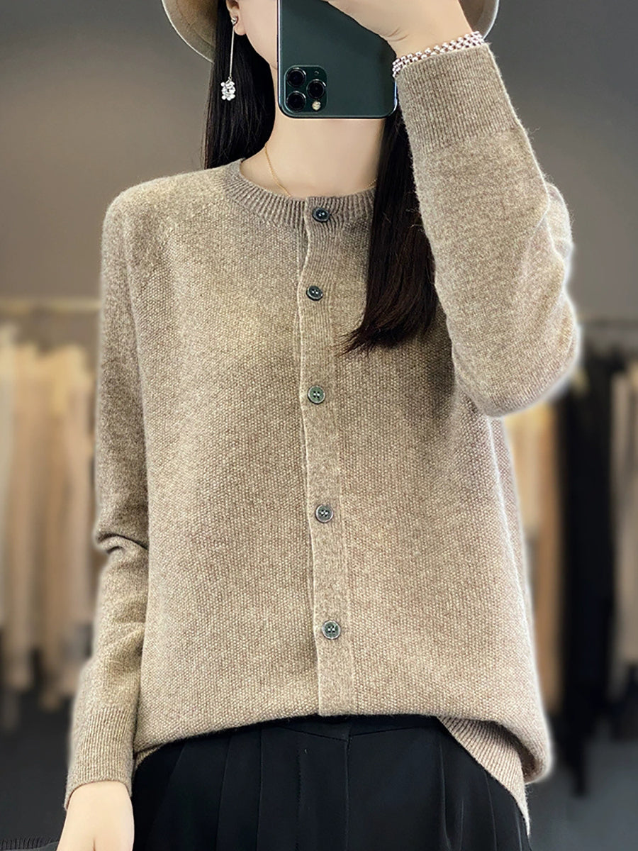 Women Autumn Casual O-Neck Knitted Wool Cardigan Sweater