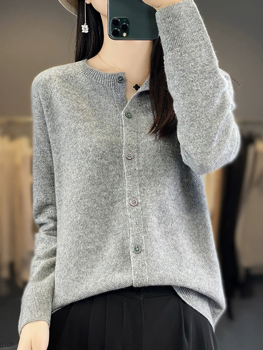 Women Autumn Casual O-Neck Knitted Wool Cardigan Sweater
