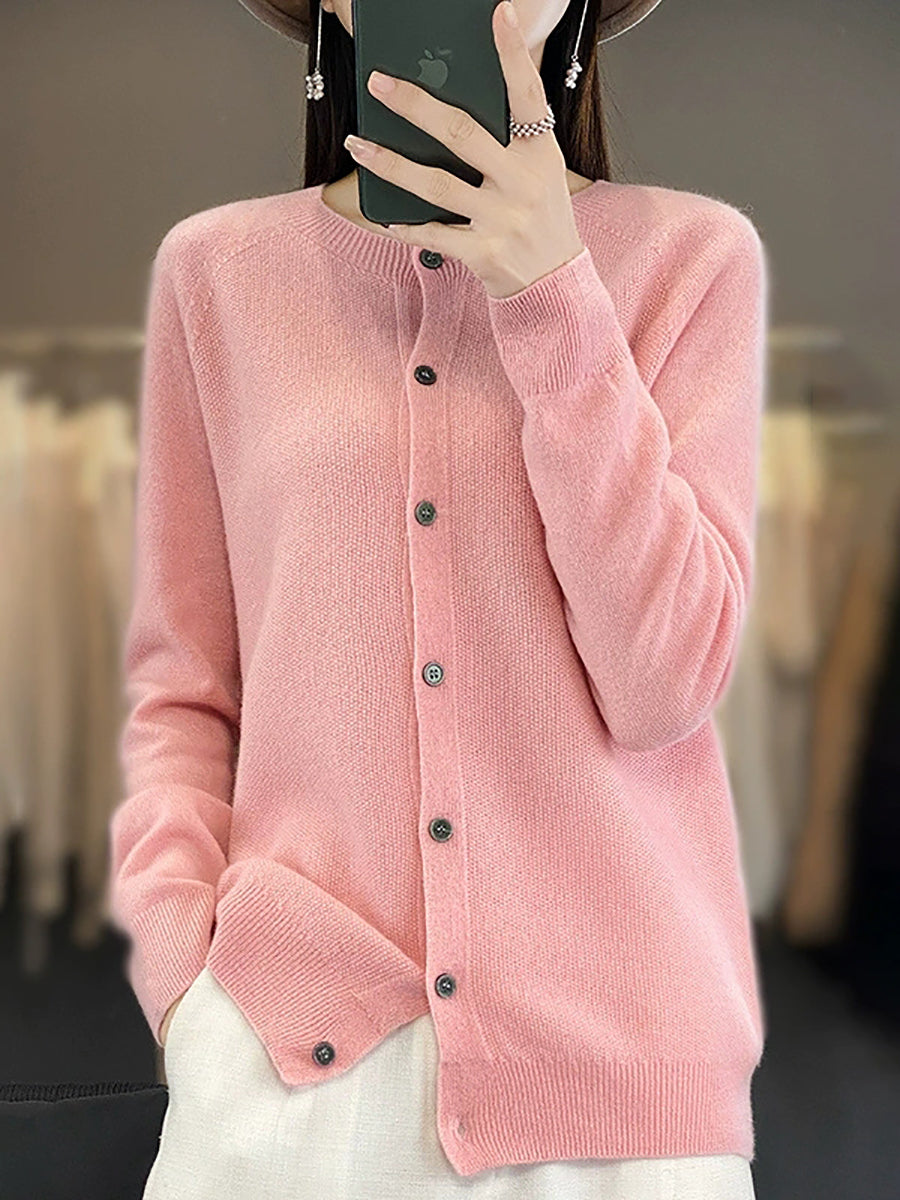 Women Autumn Casual O-Neck Knitted Wool Cardigan Sweater