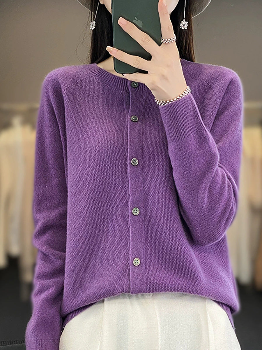 Women Autumn Casual O-Neck Knitted Wool Cardigan Sweater