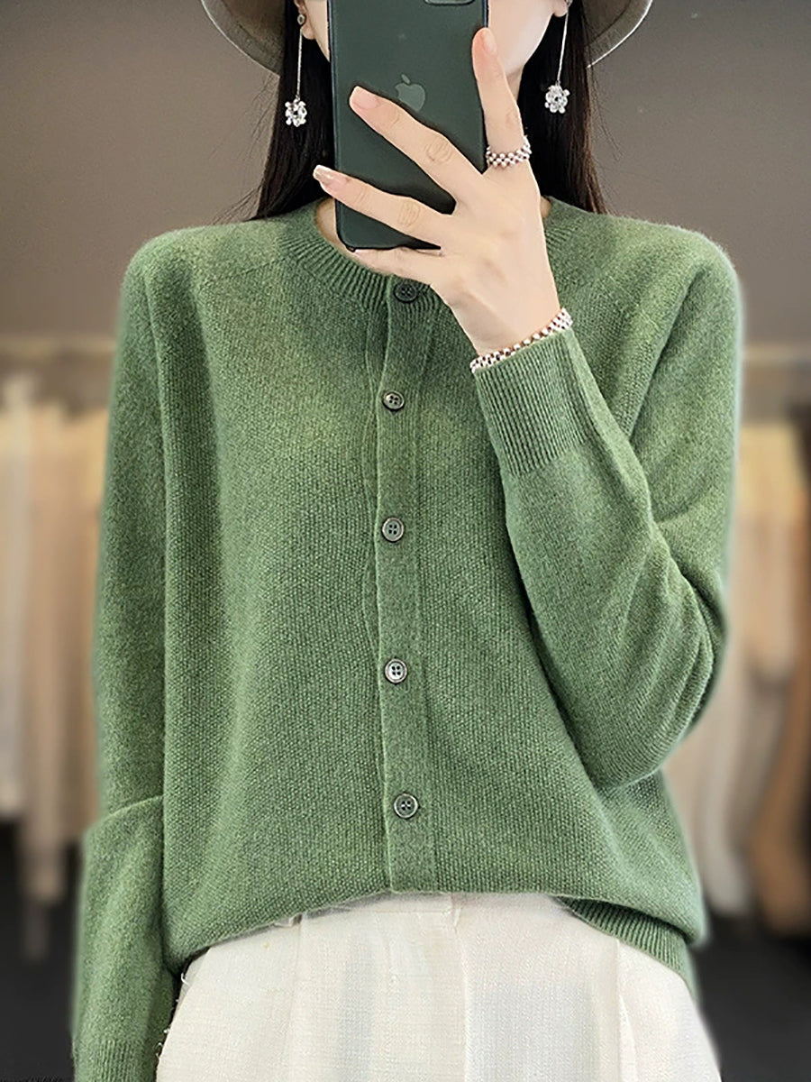 Women Autumn Casual O-Neck Knitted Wool Cardigan Sweater