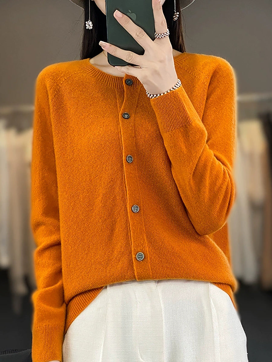 Women Autumn Casual O-Neck Knitted Wool Cardigan Sweater