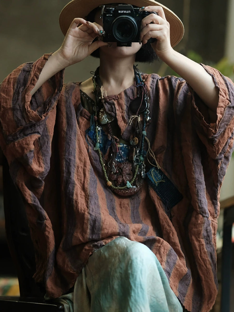 Women Summer Retro Stripe Patch O-Neck Linen Shirt