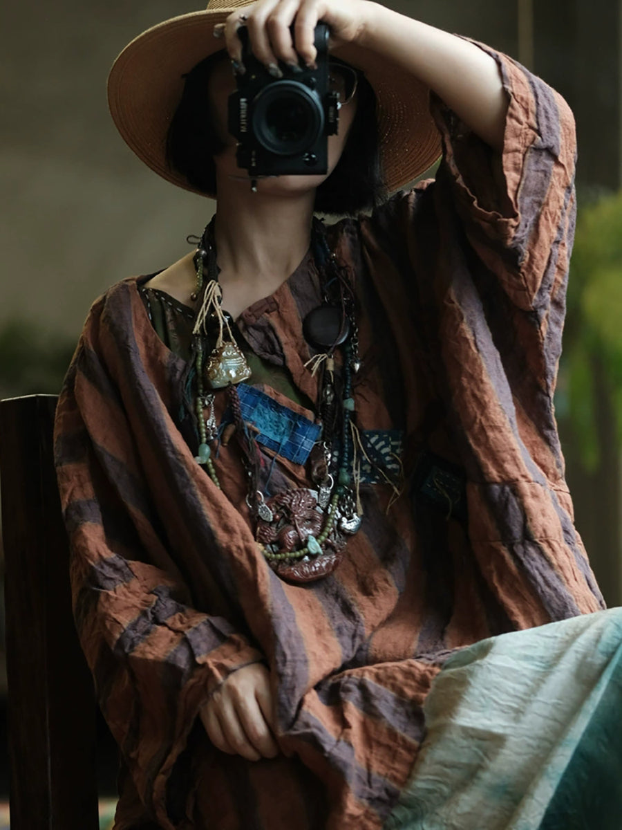 Women Summer Retro Stripe Patch O-Neck Linen Shirt