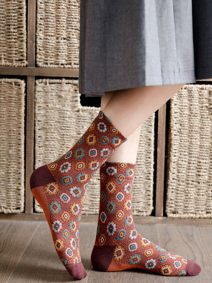 5 Pairs Women Artsy Flower Cotton Mid-Heel Socks