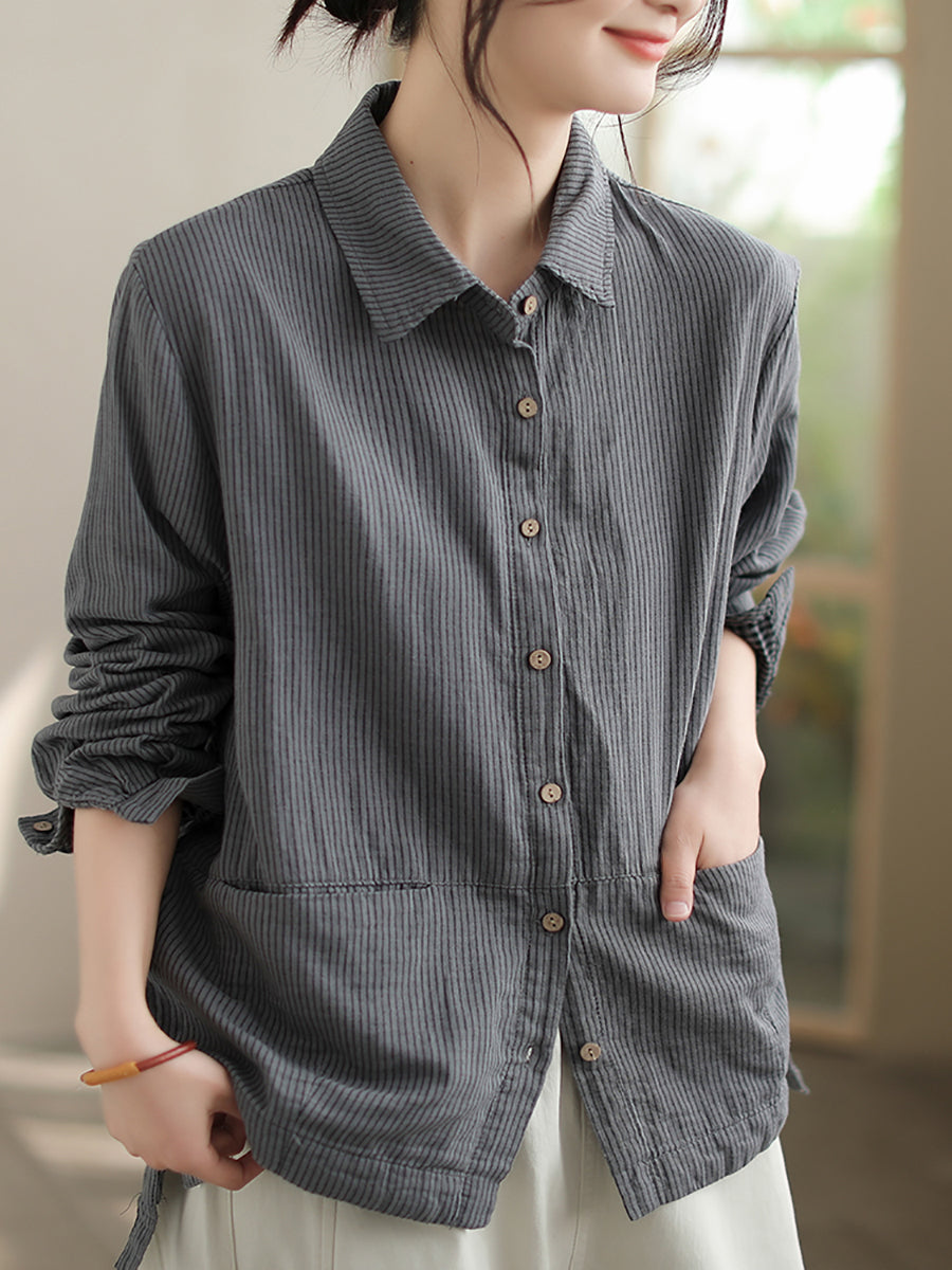 Plus Size Women Autumn Stripe Turn-down Collar Cotton Shirt