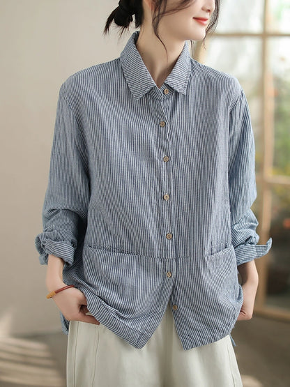 Plus Size Women Autumn Stripe Turn-down Collar Cotton Shirt