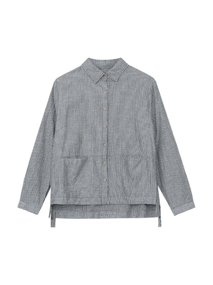 Plus Size Women Autumn Stripe Turn-down Collar Cotton Shirt