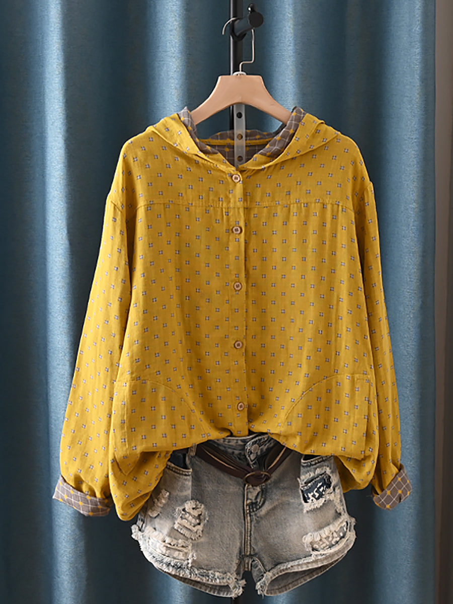 Plus Size Women Autumn Vintage Plaid Hooded 100%Cotton Shirt