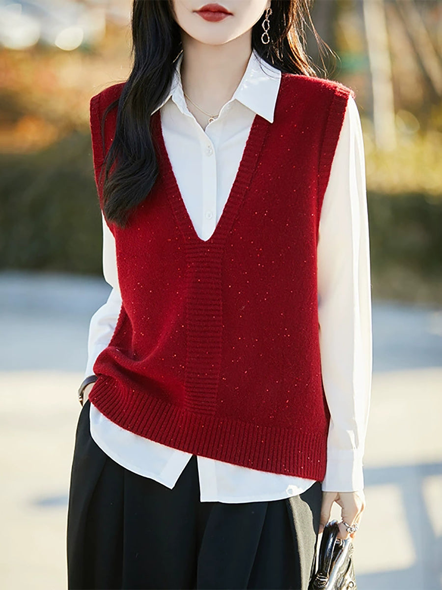 Women Autumn Casual Pure Color V-Neck Knitted Vest