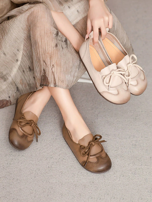 Women Autumn Genuine Leather Spliced Strap Flat Shoes