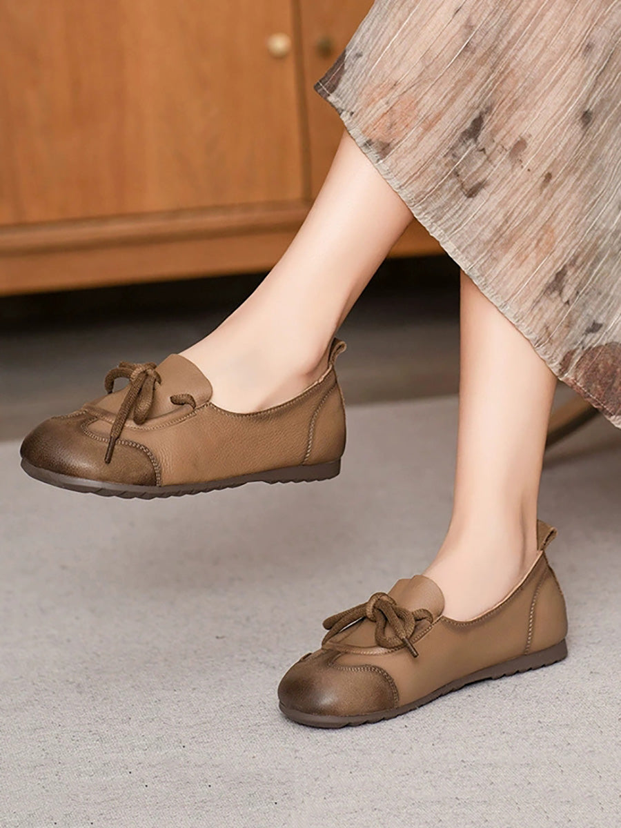 Women Autumn Genuine Leather Spliced Strap Flat Shoes