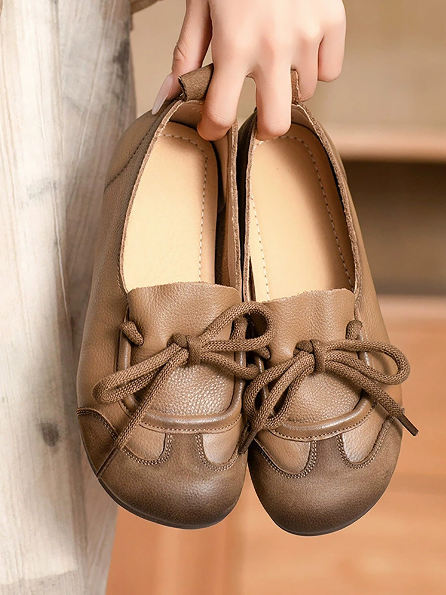 Women Autumn Genuine Leather Spliced Strap Flat Shoes