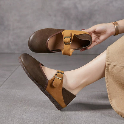Women Retro Genuine Leather Spliced Flat Shoes